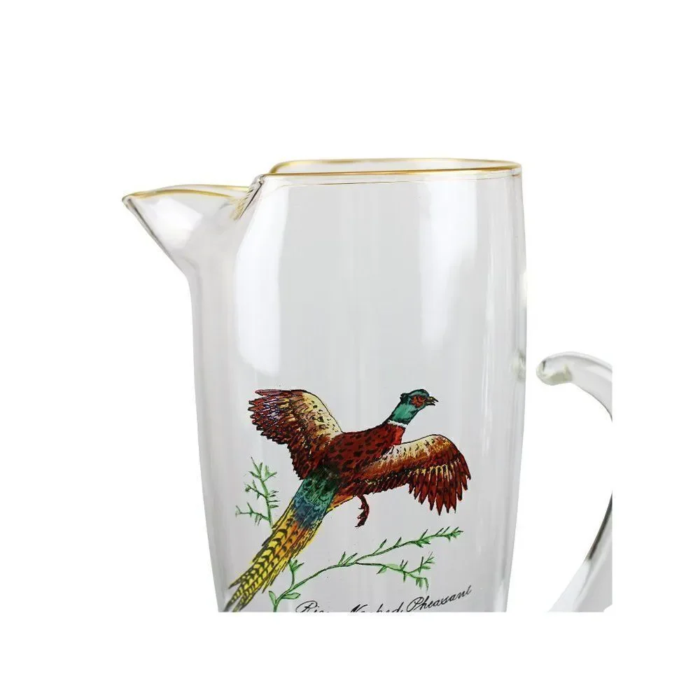 Cocktail Pitcher Rare Ring-Necked Pheasant Hand Painted Gold Rim Weighted Bottom